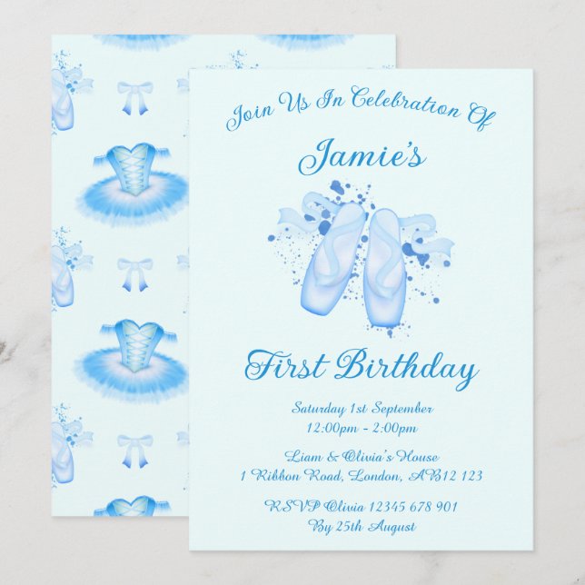 Blue Ballet Birthday Pointe Shoes Invitation (Front/Back)