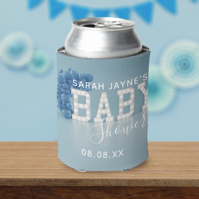 Blue Balloon Arch Baby Shower Favour Can Cooler (Need a can coolers for your blue baby shower? Just add your name, date and short message to this one)