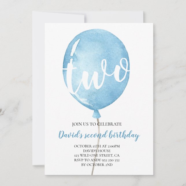 Blue Balloon Baby Boy 2nd Birthday Invitation (Front)