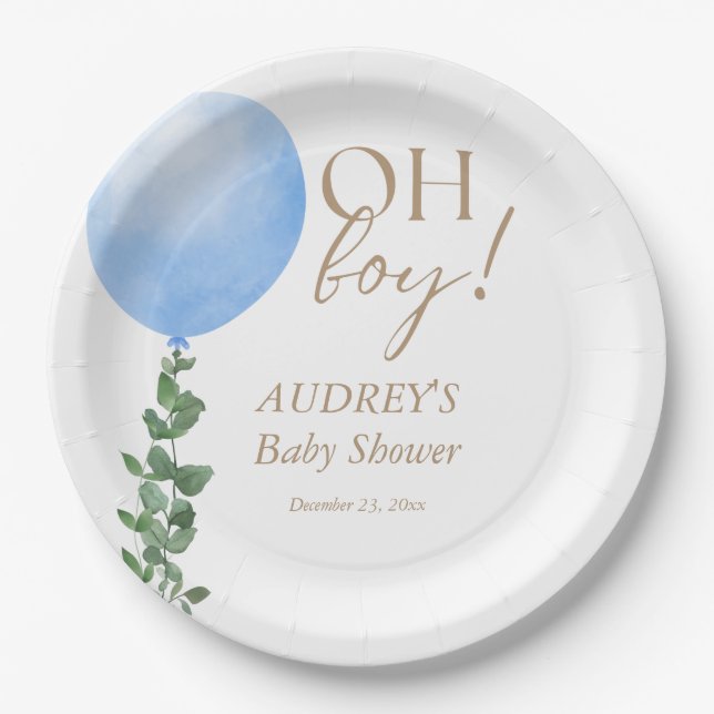 Blue Balloon Baby Boy Shower Invitation Oh Boy Paper Plate (Front)