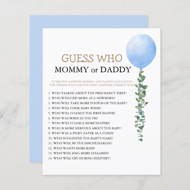 Blue Balloon Baby Shower Game (Front/Back)