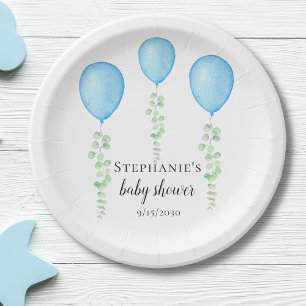 Blue Balloon Baby Shower Greenery  Paper Plate