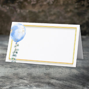 Blue Balloon Baby Shower Place Card   Gold Frame
