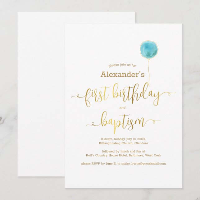 Blue Balloon Baptism & 1st Birthday Gold Script Invitation (Front/Back)