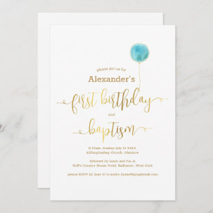 Blue Balloon Baptism & 1st Birthday Gold Script Invitation