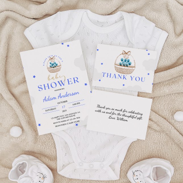 Blue Balloon Basket Baby Shower Thank You Card   (Creator Uploaded)