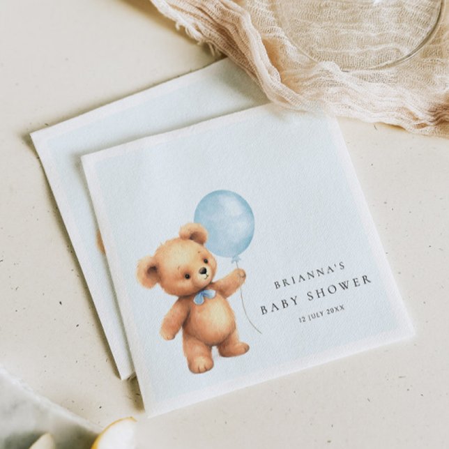 Blue Balloon Bear Baby Shower Napkin (Creator Uploaded)