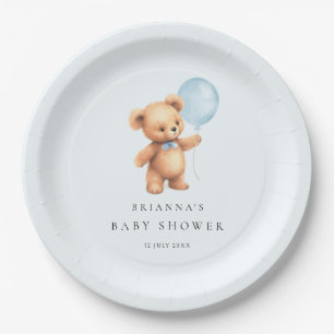 Blue Balloon Bear Baby Shower Paper Plate