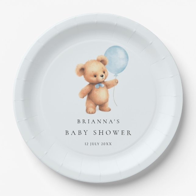Blue Balloon Bear Baby Shower Paper Plate (Front)