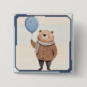 Blue Balloon Bear in Brown Sweater Plaid Scarf 15 Cm Square Badge