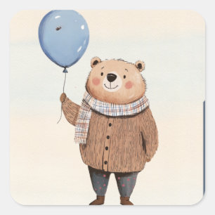 Blue Balloon Bear in Brown Sweater Plaid Scarf Square Sticker