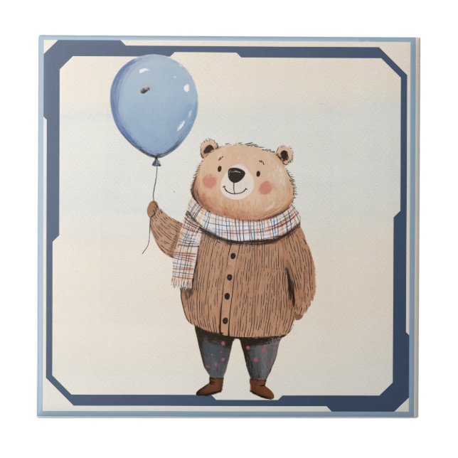 Blue Balloon Bear in Brown Sweater Plaid Scarf Tile (Front)