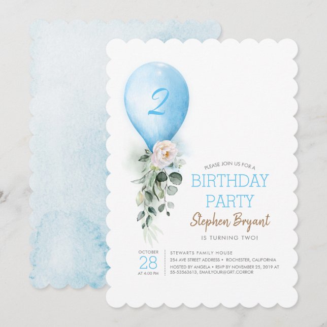 Blue Balloon Birthday Invitations for Boy (Front/Back)