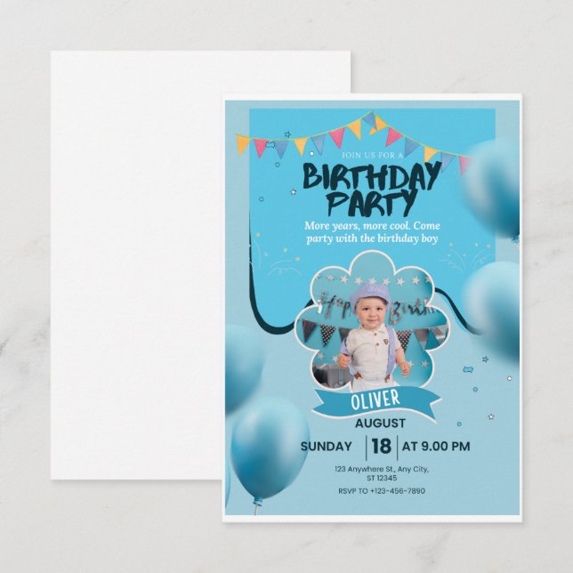 Blue Balloon Birthday Party Invitation Card | (Front/Back)