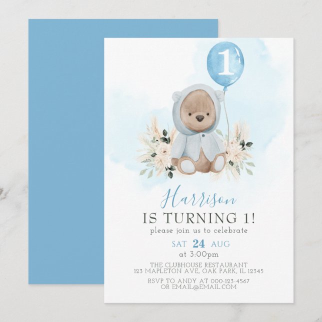  Blue Balloon Boho Teddy Bear 1st Birthday Invitation (Front/Back)