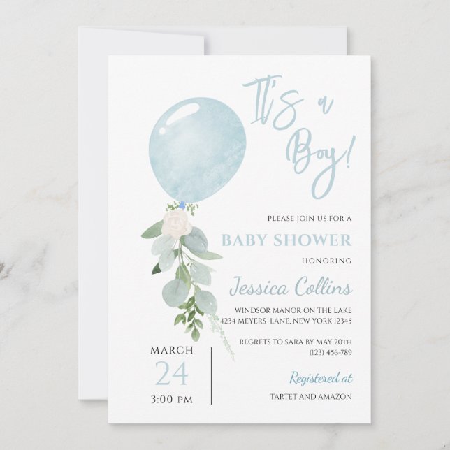 Blue Balloon Boy Baby Shower Invitation (Front)