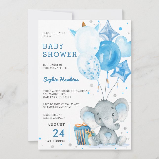 Blue Balloon Boy Silver Elephant Baby Shower Invitation (Front)
