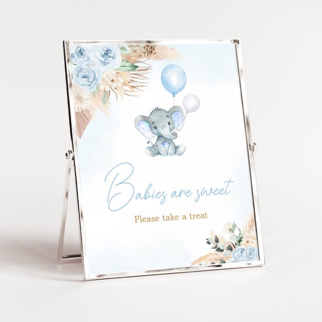 Blue Balloon Elephant Baby Shower Babies are Sweet Poster (Blue Floral Pampas Grass Elephant Baby Shower Babies are Sweet SIgn)