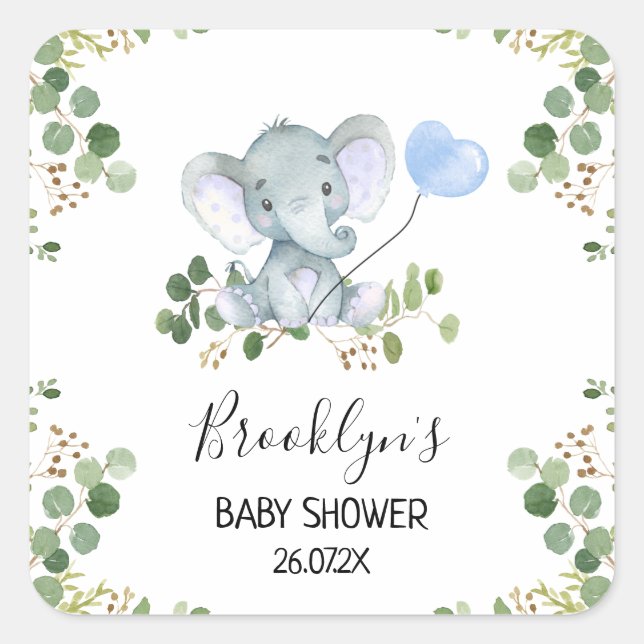 Blue Balloon Elephant Baby Shower Favour Sticker (Front)