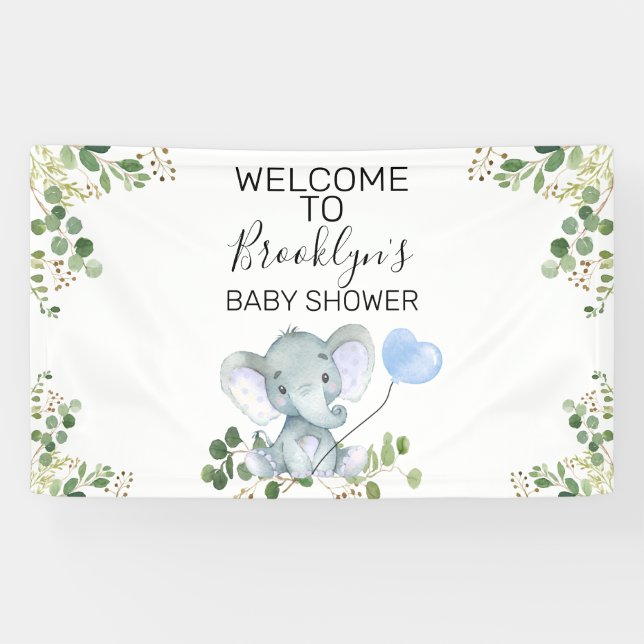 Blue Balloon Elephant Foliage Baby Shower Welcome  Banner (Horizontal)