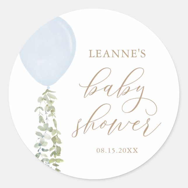Blue Balloon Eucalyptus Baby Shower Classic Round Sticker (Front)
