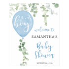 Blue balloon eucalyptus baby shower welcome sign