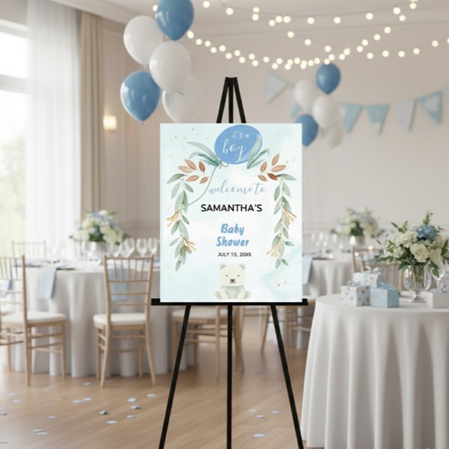 Blue balloon eucalyptus baby shower welcome sign (Creator Uploaded)