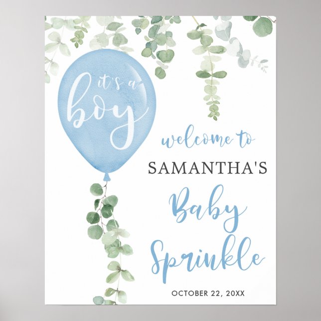 Blue balloon eucalyptus baby sprinkle welcome sign (Front)