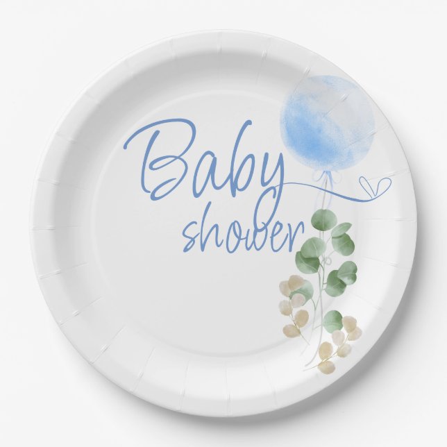 Blue Balloon Eucalyptus Boy Baby Shower  Paper Plate (Front)