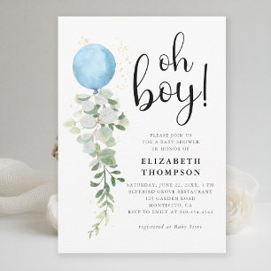 Blue Balloon Eucalyptus Elegant Oh Boy Baby Shower Invitation