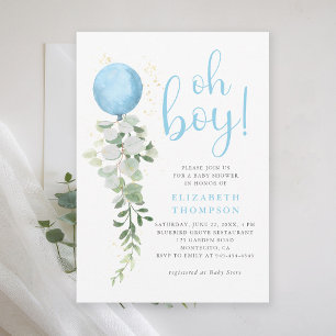 Blue Balloon Eucalyptus Foliage Oh Boy Baby Shower Invitation