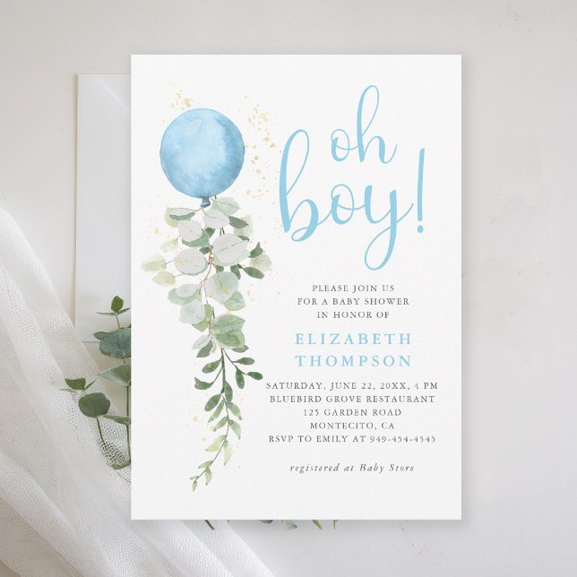 Blue Balloon Eucalyptus Foliage Oh Boy Baby Shower Invitation (oh boy baby shower invitation blue balloon eucalyptus greenery watercolor blue calligraphy elegant)