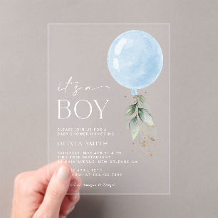 Blue Balloon, Eucalyptus, Greenery, Baby Shower Acrylic Invitations