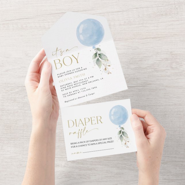 Blue Balloon, Eucalyptus, Greenery, Baby Shower All In One Invitation (Tearaway)