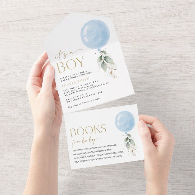 Blue Balloon, Eucalyptus, Greenery, Baby Shower All In One Invitation (Tearaway)