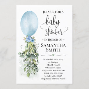 Blue Balloon Eucalyptus greenery baby shower Invitation