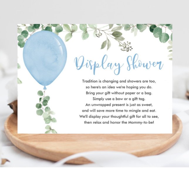 Blue balloon eucalyptus greenery display shower enclosure card (Creator Uploaded)