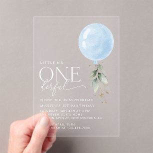 Blue Balloon, Eucalyptus, Greenery, First Birthday Acrylic Invitations