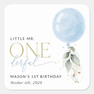 Blue Balloon, Eucalyptus, Greenery, First Birthday Square Sticker