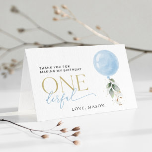 Blue Balloon, Eucalyptus, Greenery, First Birthday Thank You Card