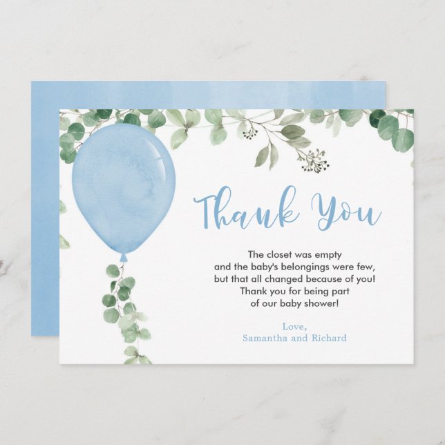 Blue balloon eucalyptus greenery thank you card (Front/Back)