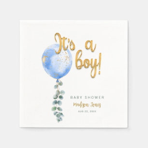 Blue Balloon Eucalyptus Its A Boy Baby Shower Napkin