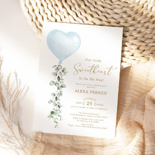 Blue Balloon Eucalyptus Sweetheart Boy Baby Shower Invitation