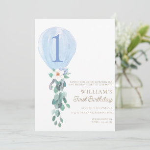 Blue Balloon First Birthday  Invitation