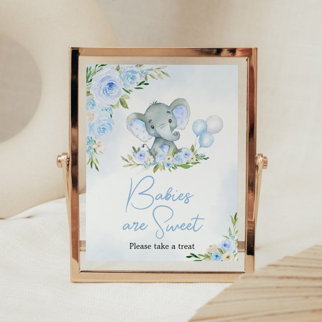 Blue Balloon Floral Elephant Babies are Sweet Poster (Boy Elephant Balloon Baby Shower Babies are Sweet Sign)