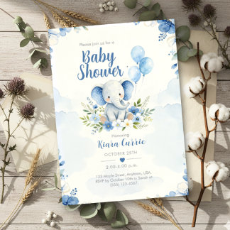 Blue Balloon Floral Elephant Baby Shower Invitation
