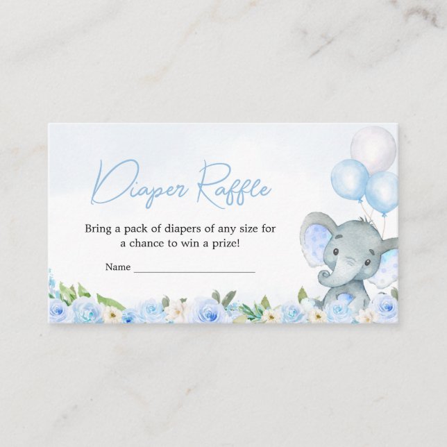Blue Balloon Floral Elephant Diaper Raffle Enclosure Card (Front)