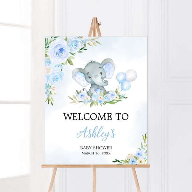 Blue Balloon Floral Elephant Welcome Poster (Boy Elephant Balloon Baby Shower Welcome Sign)