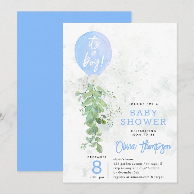 Blue Balloon Foliage Flowers Boy Baby Shower Invitation (Front/Back)
