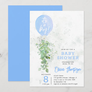Blue Balloon Foliage Flowers Boy Baby Shower Invitation